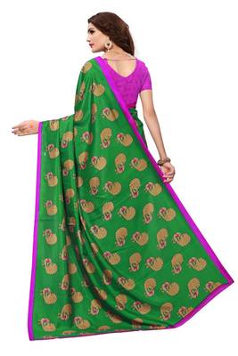 Green printed malgudi art silk saree with blouse 2