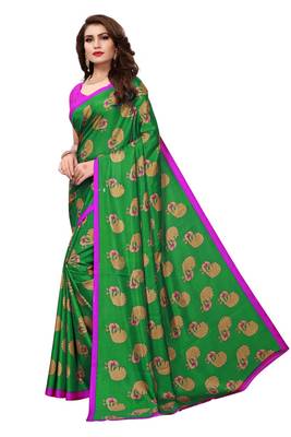 Green printed malgudi art silk saree with blouse 3