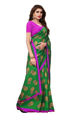 Green printed malgudi art silk saree with blouse 4