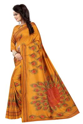 Mustard printed malgudi art silk saree with blouse 3