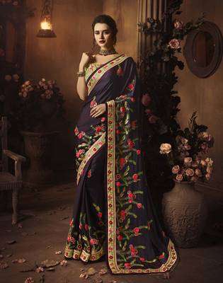 Plum embroidered silk blend saree with blouse 1