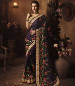 Plum embroidered silk blend saree with blouse