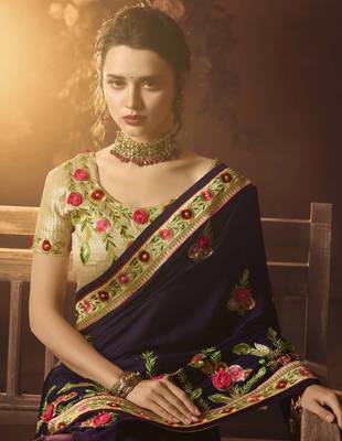 Plum embroidered silk blend saree with blouse 2