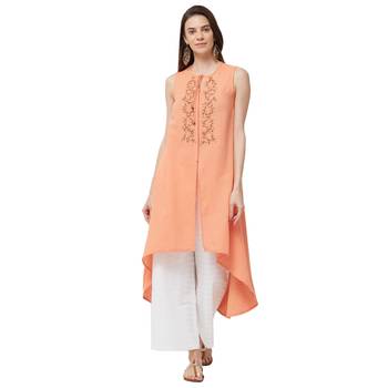 Orange  embroidered cotton long tops 1