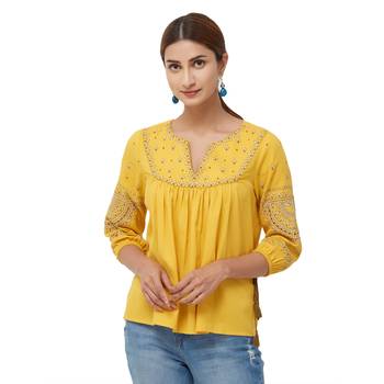 Yellow  embroidered cotton long tops 1