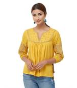 Yellow  embroidered cotton long tops