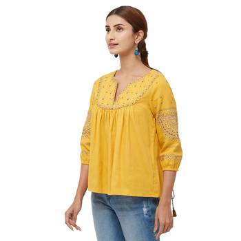 Yellow  embroidered cotton long tops 2