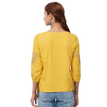 Yellow  embroidered cotton long tops 3