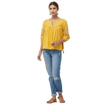 Yellow  embroidered cotton long tops 4