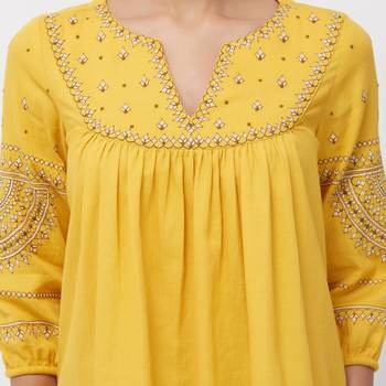 Yellow  embroidered cotton long tops 5