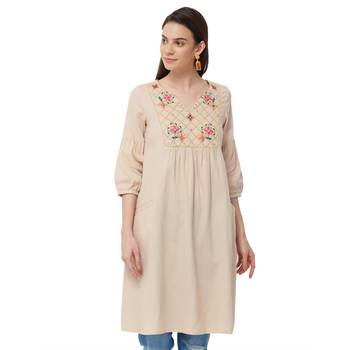 Beige  embroidered cotton long tops 1