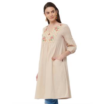 Beige  embroidered cotton long tops 2