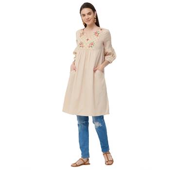 Beige  embroidered cotton long tops 4