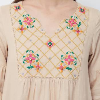 Beige  embroidered cotton long tops 5