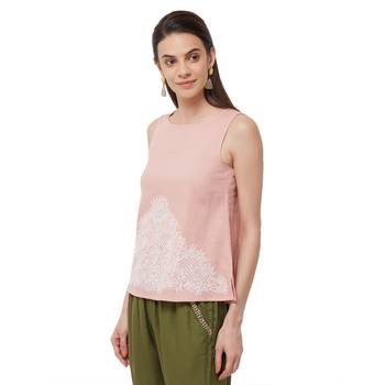 Pink  embroidered cotton long tops 2