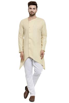 Designer Beige Linen Kurta With Aligarh Pyjama For Men By Treemoda 1