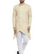 Designer Beige Linen Kurta With Aligarh Pyjama For Men By Treemoda