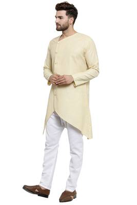 Designer Beige Linen Kurta With Aligarh Pyjama For Men By Treemoda 3
