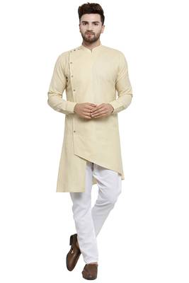 Designer Beige Linen Kurta With Aligarh Pyjama For Men By Treemoda 1
