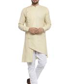 Designer Beige Linen Kurta With Aligarh Pyjama For Men By Treemoda