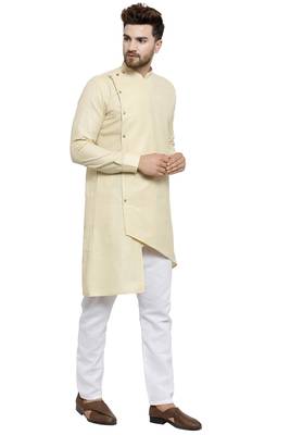 Designer Beige Linen Kurta With Aligarh Pyjama For Men By Treemoda 2