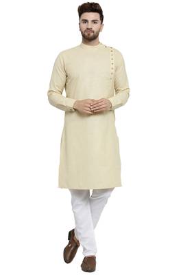 Designer Beige Linen Kurta With Aligarh Pyjama For Men By Treemoda 1