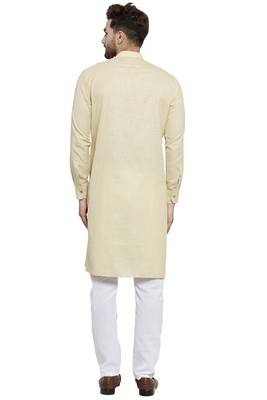 Designer Beige Linen Kurta With Aligarh Pyjama For Men By Treemoda 4
