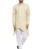 Designer Beige Linen Kurta With Churidar Pyjama For Men