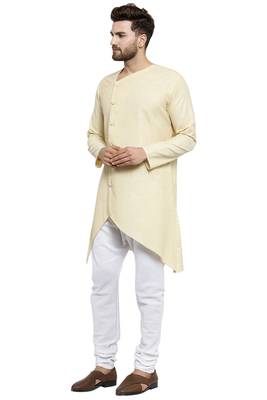 Designer Beige Linen Kurta With Churidar Pyjama For Men 3