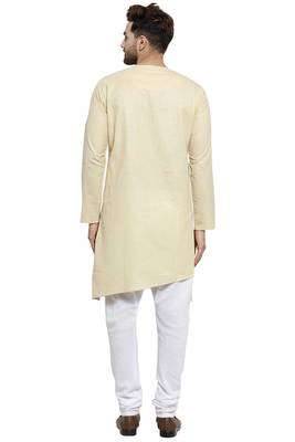 Designer Beige Linen Kurta With Churidar Pyjama For Men 4