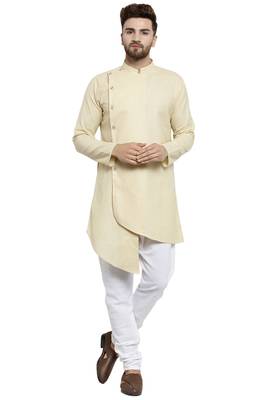 Designer Beige Linen Kurta With Churidar Pyjama For Men By Treemoda 1