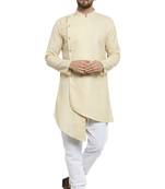 Designer Beige Linen Kurta With Churidar Pyjama For Men By Treemoda