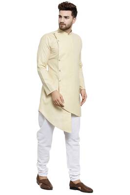 Designer Beige Linen Kurta With Churidar Pyjama For Men By Treemoda 3