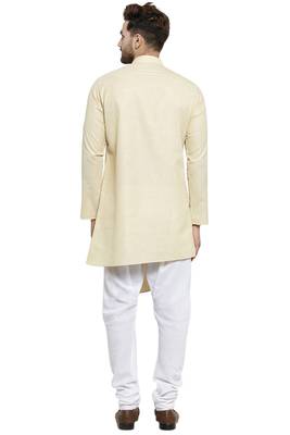 Designer Beige Linen Kurta With Churidar Pyjama For Men By Treemoda 4