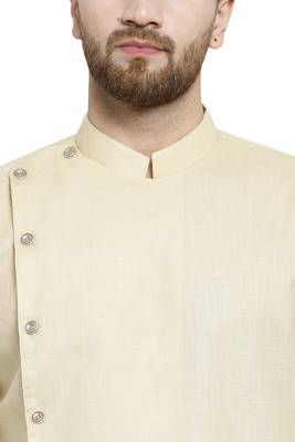 Designer Beige Linen Kurta With Churidar Pyjama For Men By Treemoda 5
