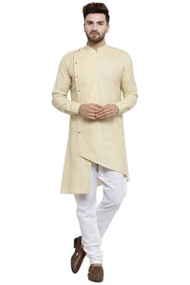 Designer Beige Linen Kurta With Churidar Pyjama For Men By Treemoda 1