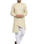 Designer Beige Linen Kurta With Churidar Pyjama For Men By Treemoda