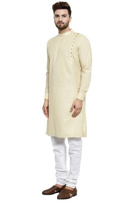 Designer Beige Linen Kurta With Churidar Pyjama For Men By Treemoda 3