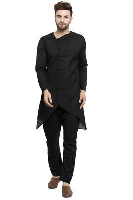 Designer Black Linen Kurta With Black Aligarh Pyjama For Men By Treemoda 1