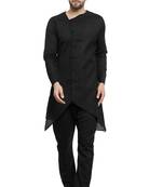 Designer Black Linen Kurta With Black Aligarh Pyjama For Men By Treemoda