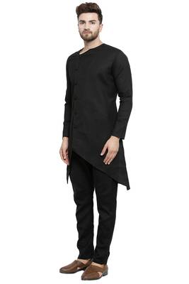 Designer Black Linen Kurta With Black Aligarh Pyjama For Men By Treemoda 3