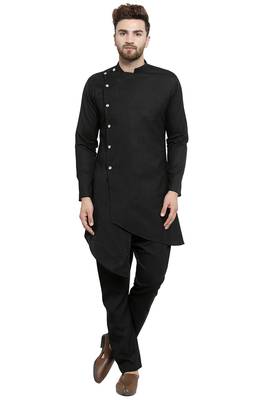 Designer Black Linen Kurta With Black Aligarh Pyjama For Men By Treemoda 1