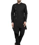 Designer Black Linen Kurta With Black Aligarh Pyjama For Men By Treemoda