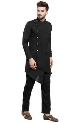 Designer Black Linen Kurta With Black Aligarh Pyjama For Men By Treemoda 2