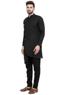 Designer Black Linen Kurta With Black Aligarh Pyjama For Men By Treemoda 3