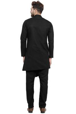 Designer Black Linen Kurta With Black Aligarh Pyjama For Men By Treemoda 4