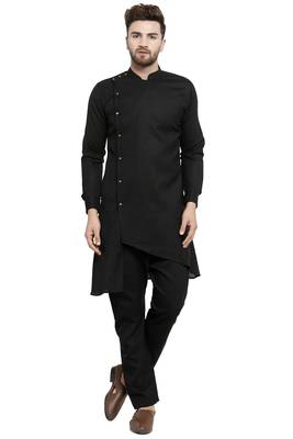 Designer Black Linen Kurta With Black Aligarh Pyjama For Men By Treemoda 1