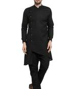 Designer Black Linen Kurta With Black Aligarh Pyjama For Men By Treemoda
