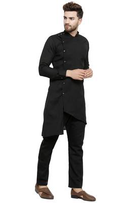 Designer Black Linen Kurta With Black Aligarh Pyjama For Men By Treemoda 2