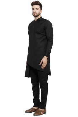 Designer Black Linen Kurta With Black Aligarh Pyjama For Men By Treemoda 3